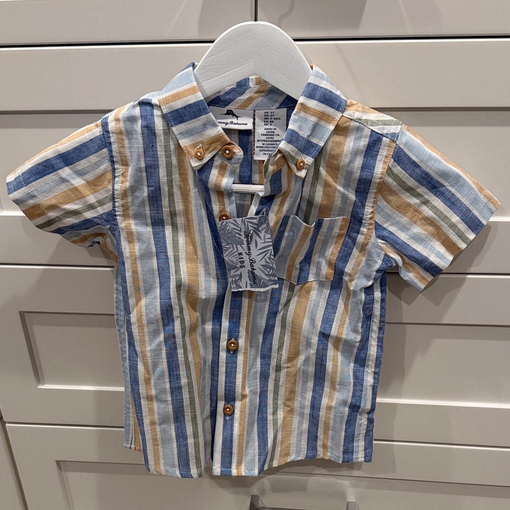 NWT Tommy Bahama Kids Striped Button Down Shirt - Blue, Tan, White